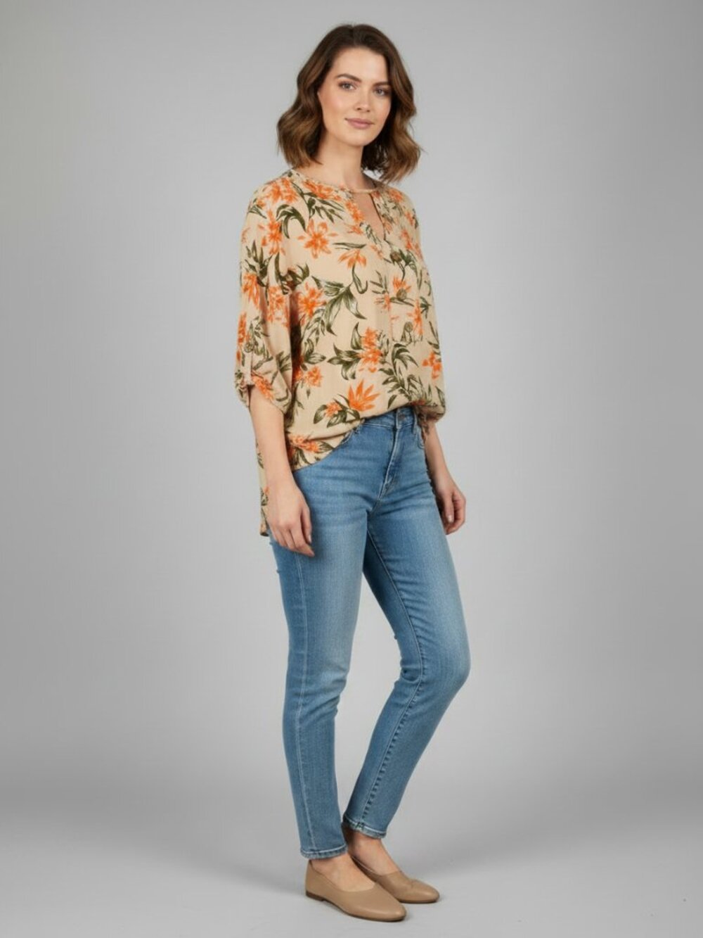 Cream Floral Button-Front Tunic with Orange & Green Print